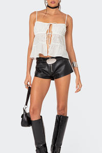 Pantalones cortos de lujo de cintura alta y elástica para mujer, pantalones cortos de fiesta ligeros de cuero Premium para mujer con logotipo personalizado - Product Image 4