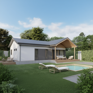 Villa moderna de una sola planta con estructura de acero, exterior blanco, con porche de madera y área de piscina. - Product Image 3