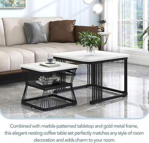Elegant Metal Frame <b>Square</b> <b>Coffee</b> <b>Tables</b> Set of 2 - Stacking Center <b>Tables</b> with <b>Marble</b> Finish - Product Image 4