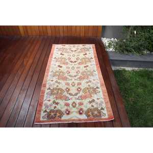Vintage Turkish Rug, 2.8x5.5 ft Accent Rug, <b>Red</b> White Floral <b>Wool</b> Rug - Product Image 1
