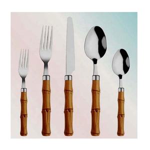 Highly Luxurious Restaurant Stainless Steel Silver Nickle Plated Long Wooden Bamboo Design Handle <b>Spoon</b> <b>Knife</b> & <b>Fork</b> Cutlery <b>Set</b> - Product Image 1