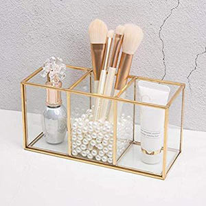 Modern Traditional Unique Design Geometric Shape Brass Metal Glass <b>Makeup</b> Brush <b>Holder</b> & Pen <b>Holder</b> Gold Plated Home Decorate - Product Image 2