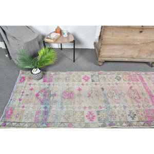 Alfombra turca Vintage de 2,8 pies x 11,2 pies, diseño clásico de rompecabezas rectangular de área grande, látex de lana rosa y Beige para pasillo para habitaciones - Product Image 2