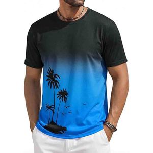 Camisetas de manga corta para hombre, camisetas casuales con estampado gráfico degradado, cuello redondo, camisas y pantalones hawaianos vintage para verano y playa - Product Image 1