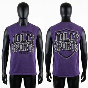 Camiseta sin mangas para hombre, de algodón, color morado, con estampado deportivo, serigrafía con logo personalizado, 100% algodón, corte holgado, estampada. - Product Image 1