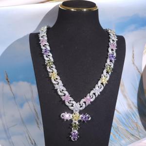 VVS Colorless Moissanite Diamond <b>Iced</b> <b>Out</b> <b>Cuban</b> <b>Link</b> Hip Hop <b>Chain</b> In 925 Silver Color CZ Diamond Flower With Cross Pendant - Product Image 1