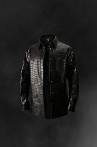 Camisa de cuero negro para hombre con estilo de estampado de cocodrilo Chaqueta de cuero genuino en relieve de cocodrilo diseño personalizado - Product Image 5