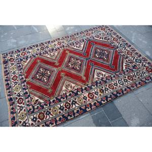 Tapis Vintage en Laine Turque Eco-Friendly Rouge Bleu Patchwork Design 4ft 6in X 6ft 4in Rectangle Medium Pile Style Classique Latex - Product Image 2