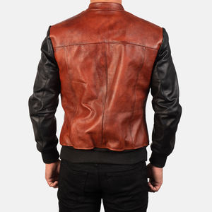 Veste en cuir perforé marron pour homme, manches noires, style bomber, col montant, fermeture éclair, cuir véritable, vêtements d'extérieur - Product Image 6