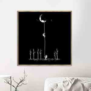 Lienzo de Astronauta Escalando la Luna - Impresión Artística Minimalista y Surrealista de Ciencia Ficción, Lienzo con Marco Dorado - Product Image 1