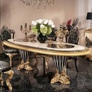 Ensemble de table à manger ovale européenne de luxe, plateau en marbre, pieds sculptés en or, style antique, chaises à dossier plein, meubles pour la maison - Product Image 1
