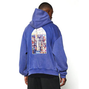 Pull à capuche en coton à manches longues avec poche kangourou, coupe régulière, écologique, de qualité supérieure, couleur bleue, délavé à l'acide, streetwear d'automne - Product Image 2