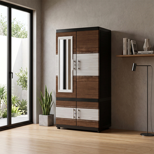 Naiba Plastic Cabinet/Wardrobe/Cupboard with Brown Gray Hinged Flat <b>Panel</b> Doors Equipped with <b>Mirror</b>, Lock, Shelves, and Hanger - Product Image 1