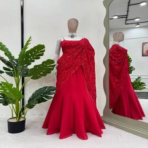 Listo para usar Georgette Lehenga Saree Set con hilo y lentejuelas Trabajo Cintura elástica con cremallera lateral, Incluye Micro Choli interior - Product Image 3