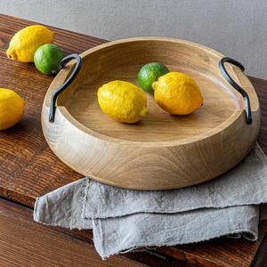 Plateau décoratif rond en bois d'acacia de bonne qualité, avec poignées en métal, vente en gros - Product Image 5