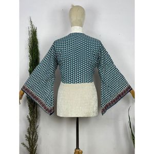 Hippie Bohme Long-Sleeved Women's Knit <b>Top</b> Colorful Floral and Cashmere Goddess Motif with Tie in Front Elegant and Feminine - Product Image 2