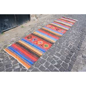 Tapis en Laine Turque Vintage Fait Main 3 'X 12.9' Rouge Bleu Ethnique Patchwork Rectangle Design Style Classique pour Salon Chambre Latex - Product Image 3