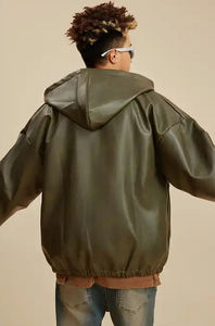 แจ็กเก็ตหนัง PU ซิปรูดสำหรับขี่มอเตอร์ไซค์แนววินเทจมีฮู้ดแบบรูดซิปทรงโอเวอร์ไซส์แจ็คเก็ตแฟชั่นสำหรับผู้ชายกลางแจ้งฤดูหนาว - Product Image 5