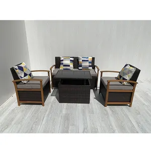 Patio Furniture Set, PE Wicker Outdoor Furniture and acacia wood, 4 Piece Outdoor Conversation Sets, Brown