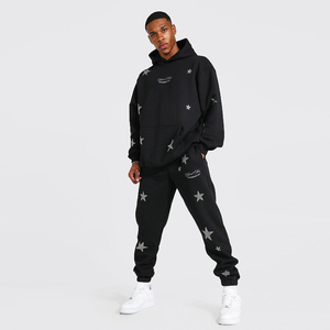 Ensemble de survêtement deux pièces en molleton de coton épais, imprimé, à capuche, avec strass, coupe oversize, style streetwear, et pantalon jogger évasé - Product Image 2