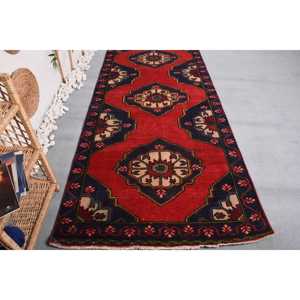 Vintage Turkish <b>Wool</b> Rug 4x9.7 ft <b>Red</b> Blue Patchwork Camouflage Design with Latex Backing - Product Image 1