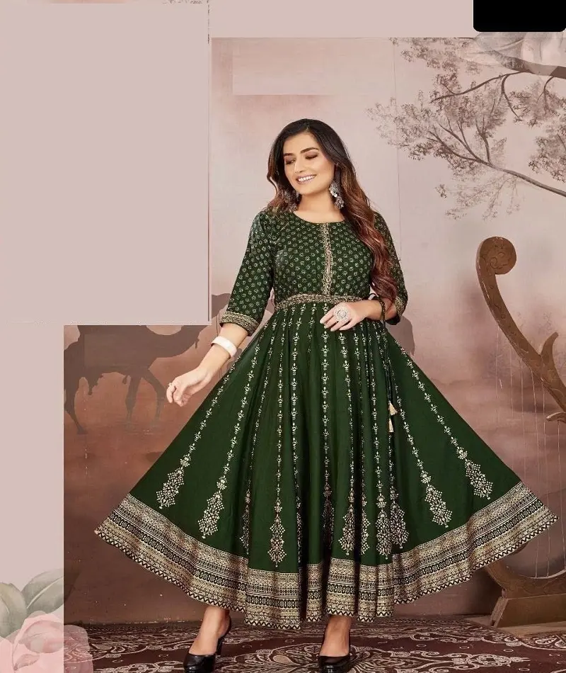 Indiase Etnische Kleding Pure Rayon Stof Anarkali Jurken Stijl Folie Print Kurtis Met Plus Size Beschikbaar Voor Indiaanse Pakistaanse Vrouwen