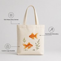 Sac fourre-tout vintage en toile brodée à la main motif poisson rouge, réutilisable, avec logo personnalisé OEM