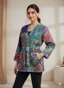 Veste Kimono Kantha Stone Wash, robe indienne à motifs floraux faite à la main, matelassée et respirante, manteau d'automne et d'hiver - Product Image 3