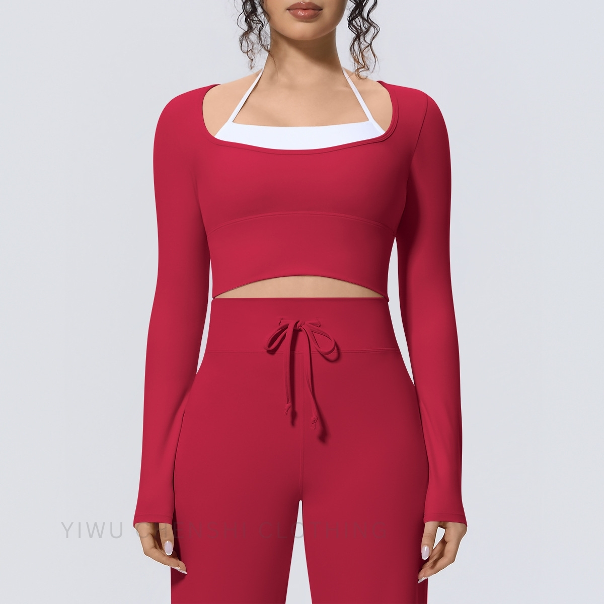 Women Yoga Top Long Sleeve Halter Neck Faux Two-Piece Sports Shirt Slim-Fit Cropped Activewear Casual Fitness Running Clothing