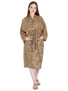 Robe de nuit pour femme 100 % coton, col en V, coupe trapèze, manches longues, imprimé floral artisanal écologique, avec ceinture à nouer - Product Image 5