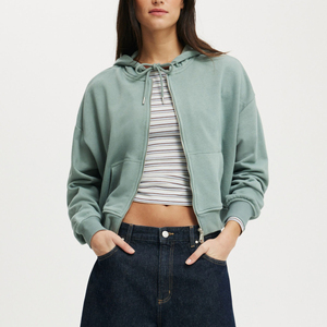 Vente chaude article 100% coton femmes recadrée fermeture éclair à capuche personnalisé DTF imprimé logo 100% coton surdimensionné dames à capuche - Product Image 4