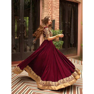 <b>Red</b> Velvet Long A-Line Ball Gown Dress Natural Waist Scoop Collar Customizable <b>Materials</b> for Bridal Wedding Mehndi Walima - Product Image 2