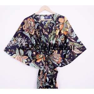 Vestido Kaftan Midi de Algodón 100%, Cuello en V, Manga Corta, Estampado Floral Bohemio, Corte Regular, Transpirable, para Fiestas de Verano, Informal, Sexy - Product Image 3