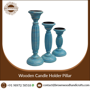 Candelabro de madera tallado a mano para el hogar y boda, Juego de 3 pilares, Color antiguo, blanco, azul, decorativo, de la India - Product Image 4