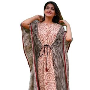 Fait à la main indien femmes caftan robe grande taille étage longueur col en v trois quarts manches été décontracté tissé bouton décoration - Product Image 1