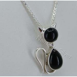 Collier pendentif chat fait main en argent sterling 925 avec onyx noir et émeraude, chaîne médaillon chat en argent sterling 925, cadeau inspiré des animaux - Product Image 2
