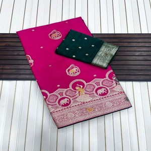 Sari de Seda Satén Mashru Puro con Tejido Jacquard Meenakari, Blusa con Contraste de Pallu Enriquecido, Teñido a Mano, Ligero y de Primera Calidad - Product Image 1