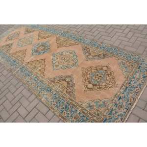 Alfombra turca vintage clásica, beige, azul, 4,8x12,5 pies, diseño de retazos de lana para sala de estar, pasillo, dormitorio de adolescentes, respaldo de látex - Product Image 4