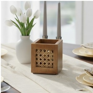 Boîte de rangement carrée en bois de manguier avec incrustation en rotin, design minimaliste, organisateur de table, petite capacité, écologique, léger - Product Image 2
