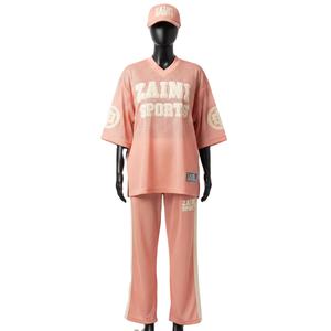 Conjunto deportivo de malla de 2 piezas para mujer, poliéster de alta calidad, tela transpirable, color melocotón suave, panel en contraste, logotipo personalizado, conjuntos para mujer - Product Image 1