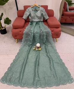 Party Wear Wedding Women's Cotton Multi Color Sari Embroidery Lace Border Latest Modern Traditional Indian Designs <b>Machine</b> - Product Image 2