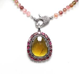 Argent Perle Bio Tourmaline Collier Perles Multi-Tourmaline Pave Diamant Pendentif Naturel Facettes Pierre De Luxe Bio Tourmaline - Product Image 5