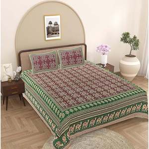 Green 100% Cotton 240 TC Super <b>King</b> <b>Size</b> Bedsheet with 2 Pillow Covers Ethnic Motifs 4-Piece Set (SHKV1088) for Home Use - Product Image 1