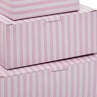Boîtes à pâtisserie faciles à assembler, rayures roses et blanches, carton recyclé, pelliculage brillant, gaufrage pour aliments et collations, avec des éléments recyclés
