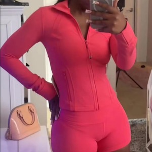 Conjunto de dos piezas de Yoga, chaqueta con cremallera, conjuntos de pantalones cortos de cintura alta, ropa de entrenamiento de Yoga para mujeres, ropa atlética de gimnasio, conjunto de niñas altas - Product Image 2