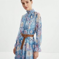 Ensemble robe longue mi-mollet 2 pièces bohème fleuri printemps/été avec doublure en mousseline, col en V, col roulé, manches longues et ceinture