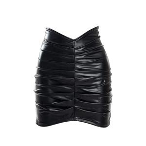 Hot Sale Women Black-Rushed Faux <b>Leather</b> Mini-Skirt High-Waist V-Cut Bodycon Pu <b>Leather</b> Skirt For Women - Product Image 6
