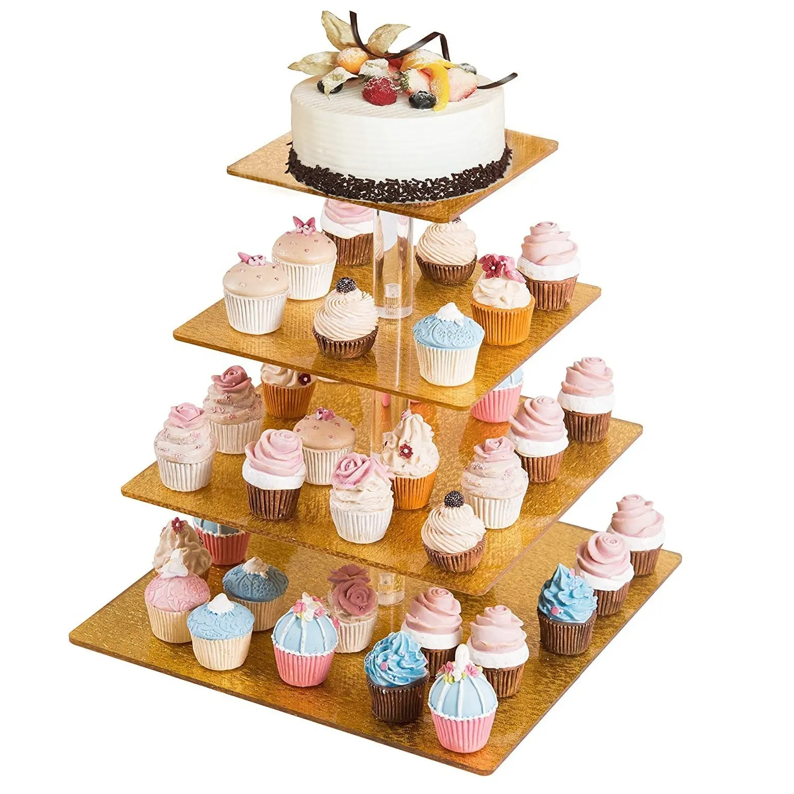 Strukturierter Cupcake aus Acryl, der Tower Dessert und Gebäck mit Glitter Golden Four Tier Cake Stand zeigt