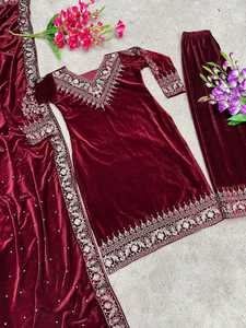 Lancement du nouveau haut Dupatta de vêtements de soirée de créateur et du bas entièrement cousu en velours avec broderie lourde avec manches complètes - Product Image 4