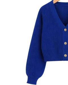 Manufacture Customized <b>Women</b> <b>Royal</b> <b>Blue</b> Ribbed Knit Cropped <b>Cardigan</b> Sweater Long Sleeve V Neck Button Casual Winter Fashion - Product Image 3